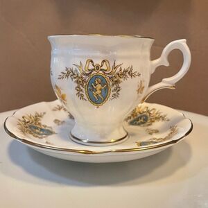 Crown‎ Staffordshire Fine Bone China Cup and Saucer Set England Cupid Gold Blue